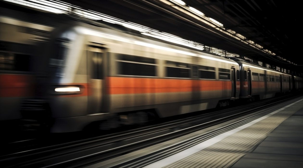 Fast moving train in station, created with generative AI