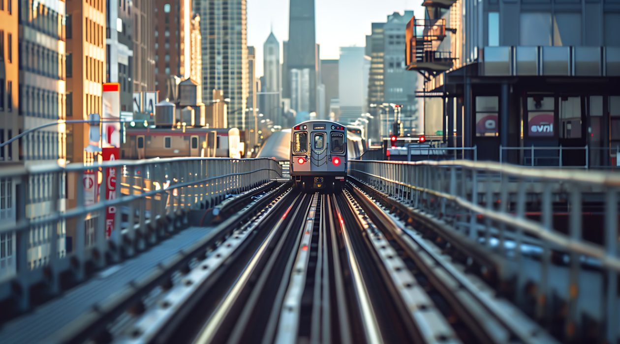 Um trem se aproximando com uma paisagem urbana movimentada ao fundo capturado em plano aberto com lente telefoto Um trem se aproximando com uma paisagem urbana movimentada ao fundo capturado em plano aberto com lente telefoto
