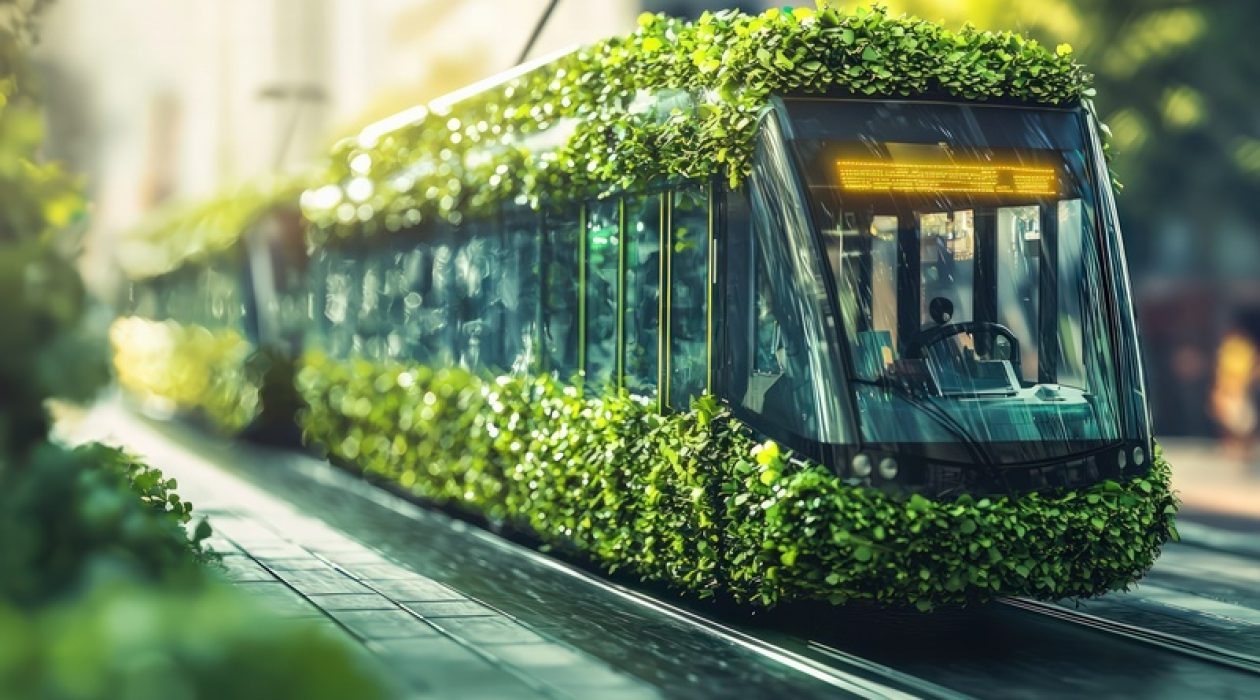 Visualization of an ecofriendly public transportation system, sustainability, green tech, renewable energy, sustainable cities, green mobility